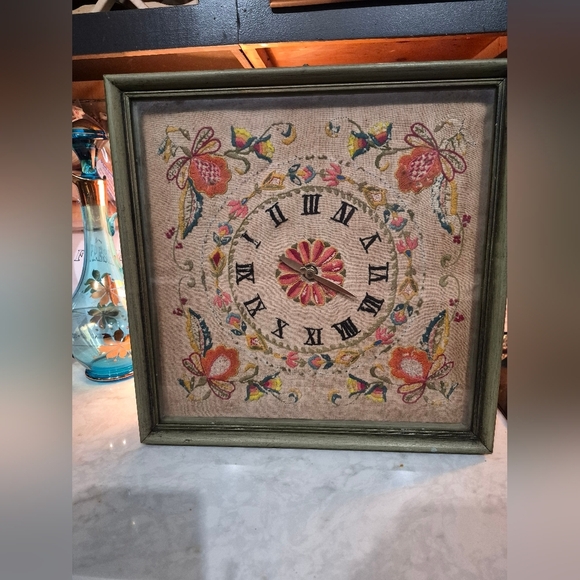 None Other - Vintage Embroidery Shadow Box Wall Clock, 60s, 70s